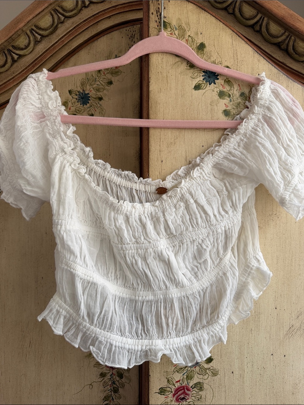 Free People White Smocked Off-Shoulder Peasant Top